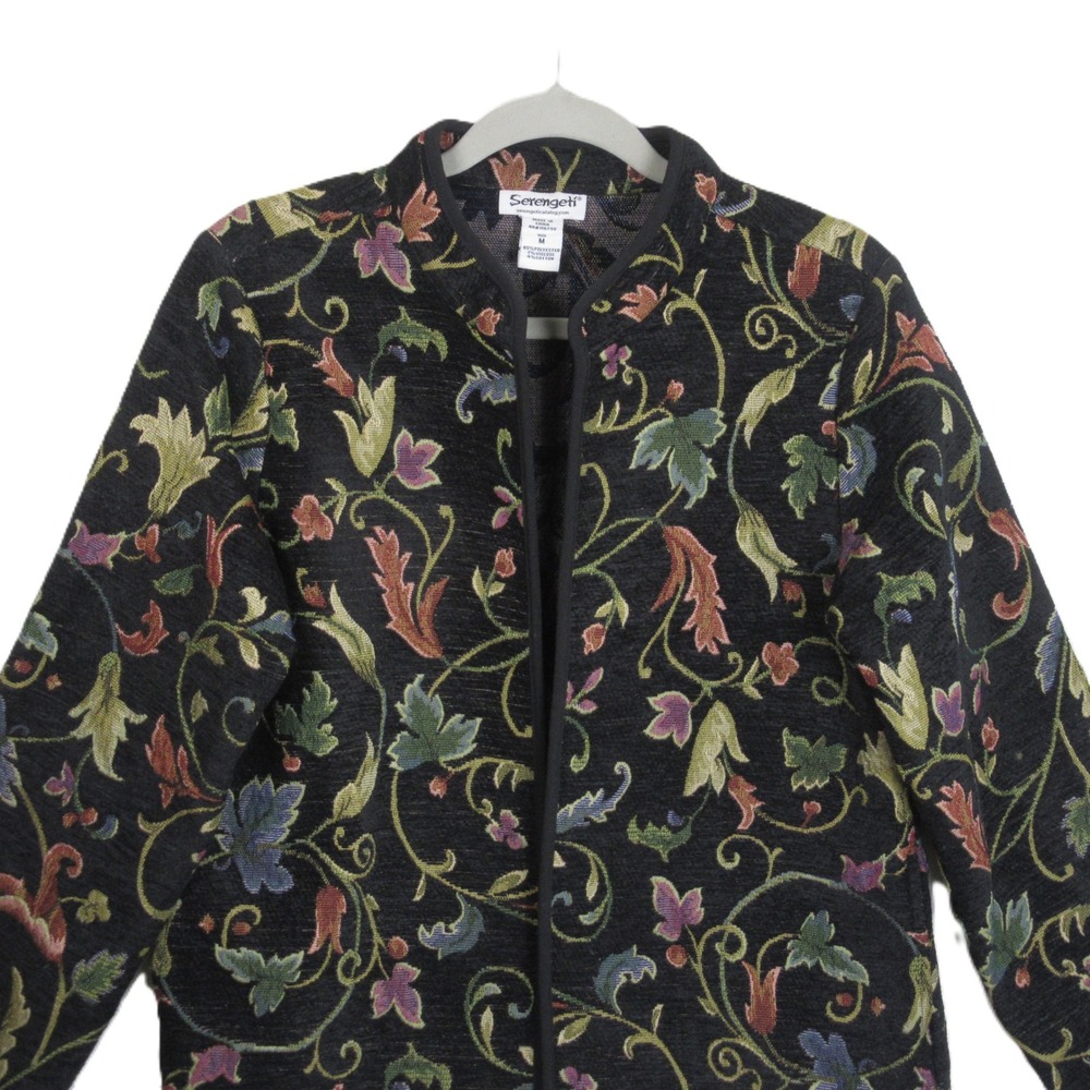 Serengeti Womens Tapestry Jacket Black Floral Vine Open Front Pockets Size Med - Picture 3 of 14